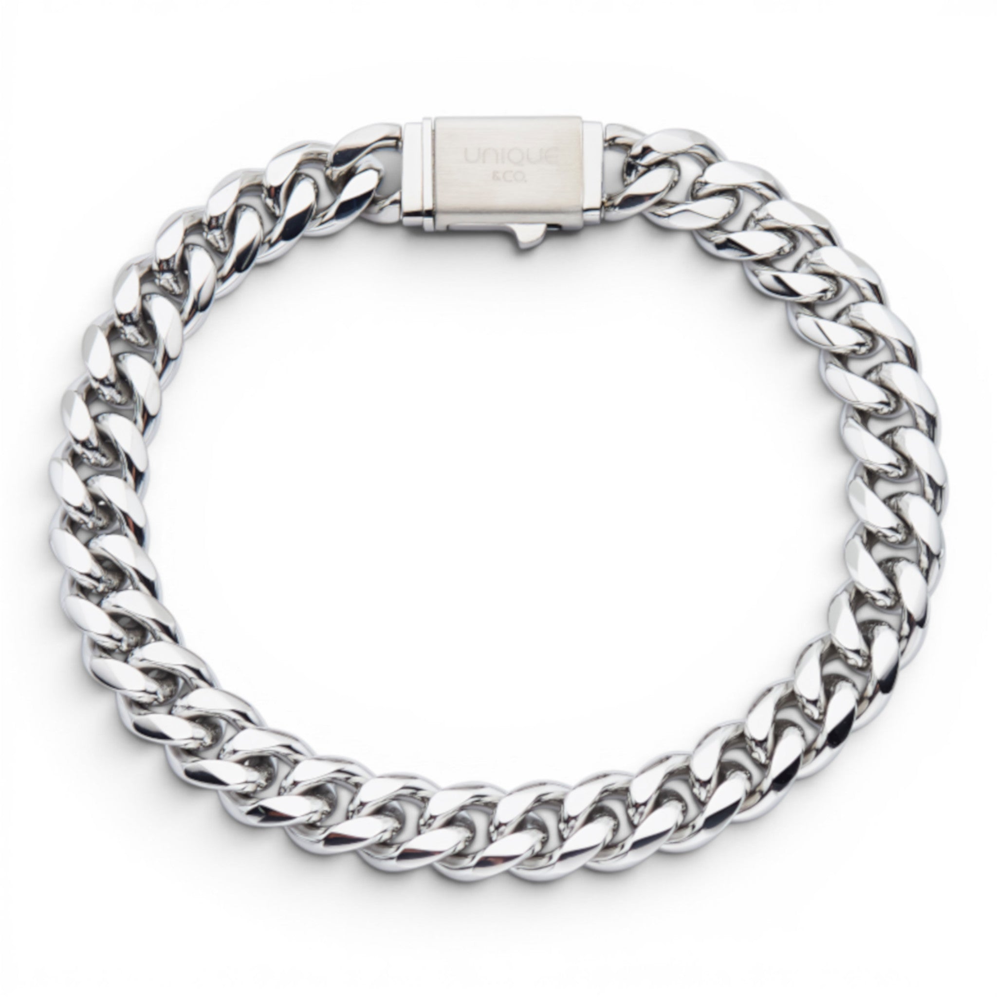 Polished stainless steel 8mm curb chain bracelet with classic curb links and secure clasp
