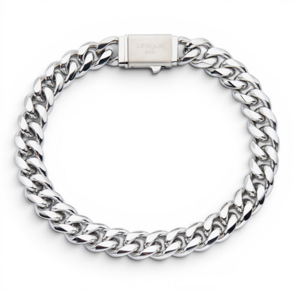 Polished stainless steel 8mm curb chain bracelet with classic curb links and secure clasp