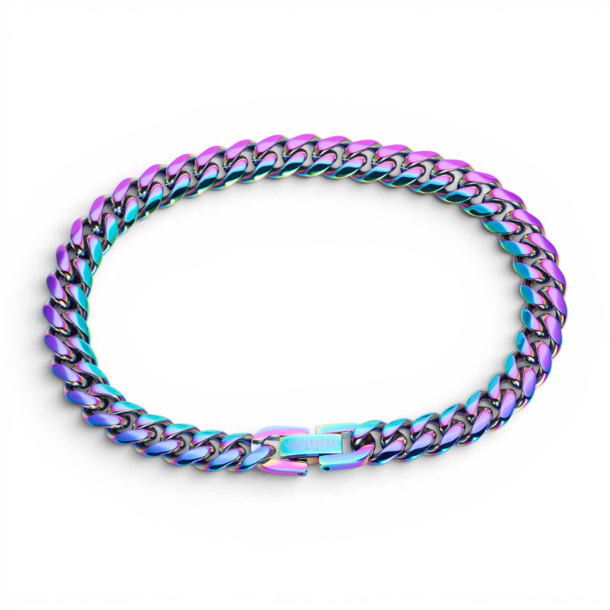 Stainless steel 8mm curb chain bracelet with rainbow IP plated matte and polished finish