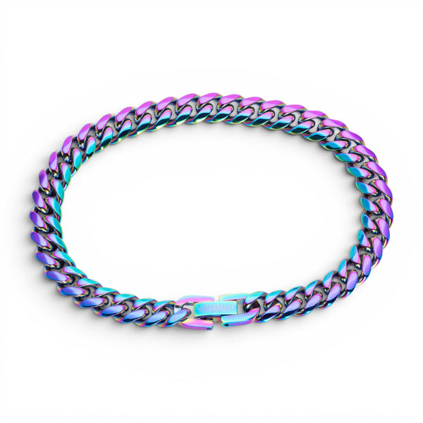 Stainless steel 8mm curb chain bracelet with rainbow IP plated matte and polished finish