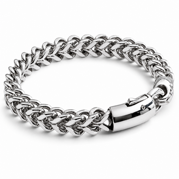 Stainless steel 8mm wheat chain bracelet with woven link design and polished finish