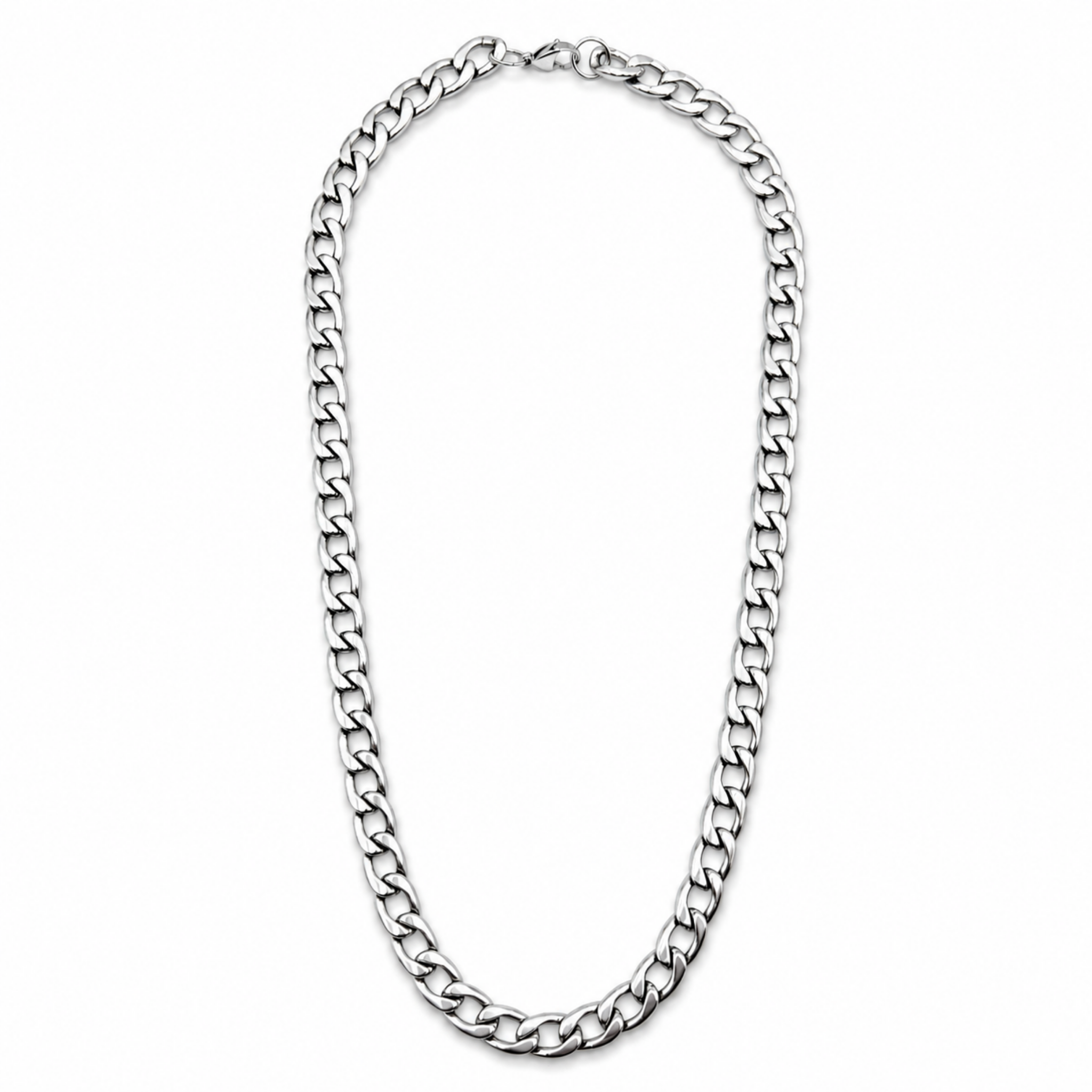 Stainless steel 9.5mm curb chain necklace full view on white background