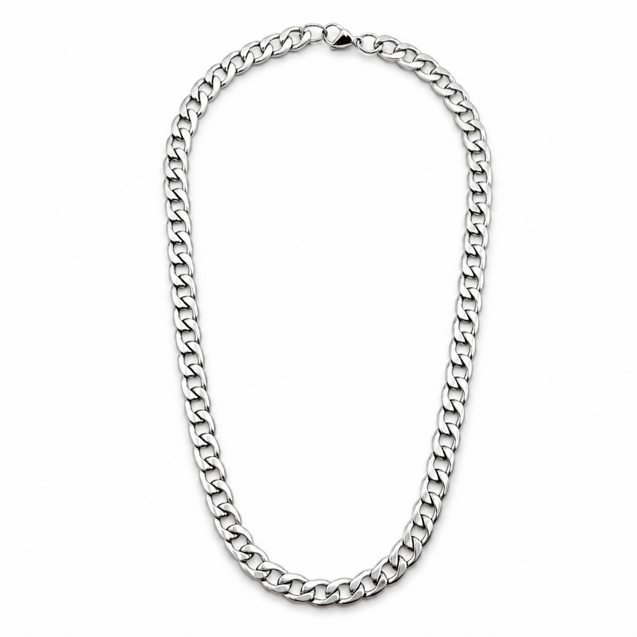 Stainless steel 9mm curb chain necklace full view on white background