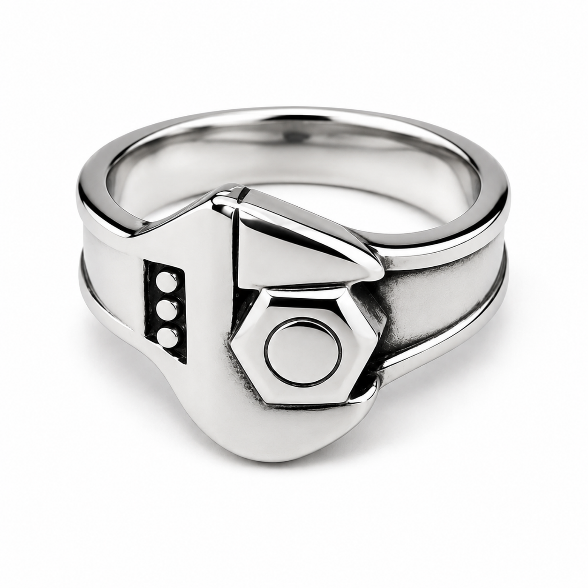 Front view of a stainless steel adjustable spanner ring with realistic wrench inspired detailing on a white background.