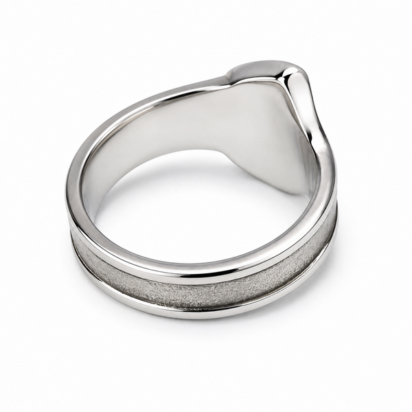 Rear view of a stainless steel adjustable spanner ring showing the adjustable open band and polished stainless steel finish on a white background.