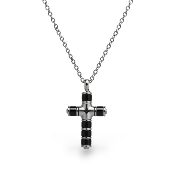 Men’s stainless steel cross necklace with black IP detail on a 20 inch chain, shown on a white background