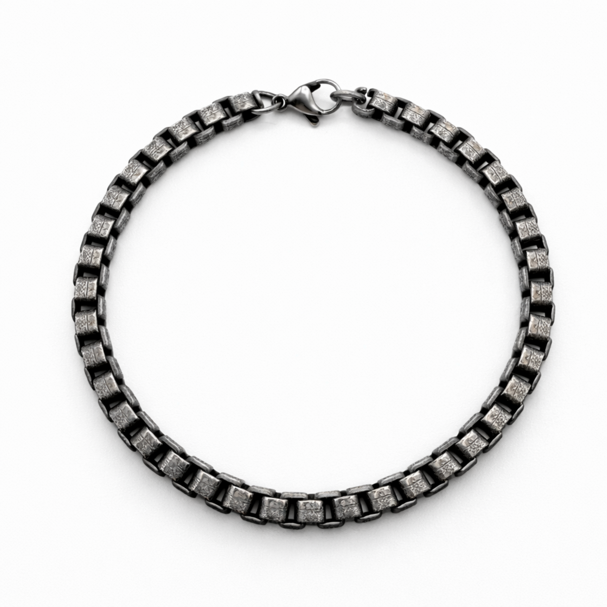 Stainless steel box link chain bracelet with square interlocking links and vintage finish