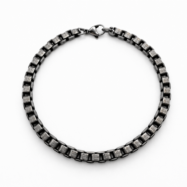 Stainless steel box link chain bracelet with square interlocking links and vintage finish