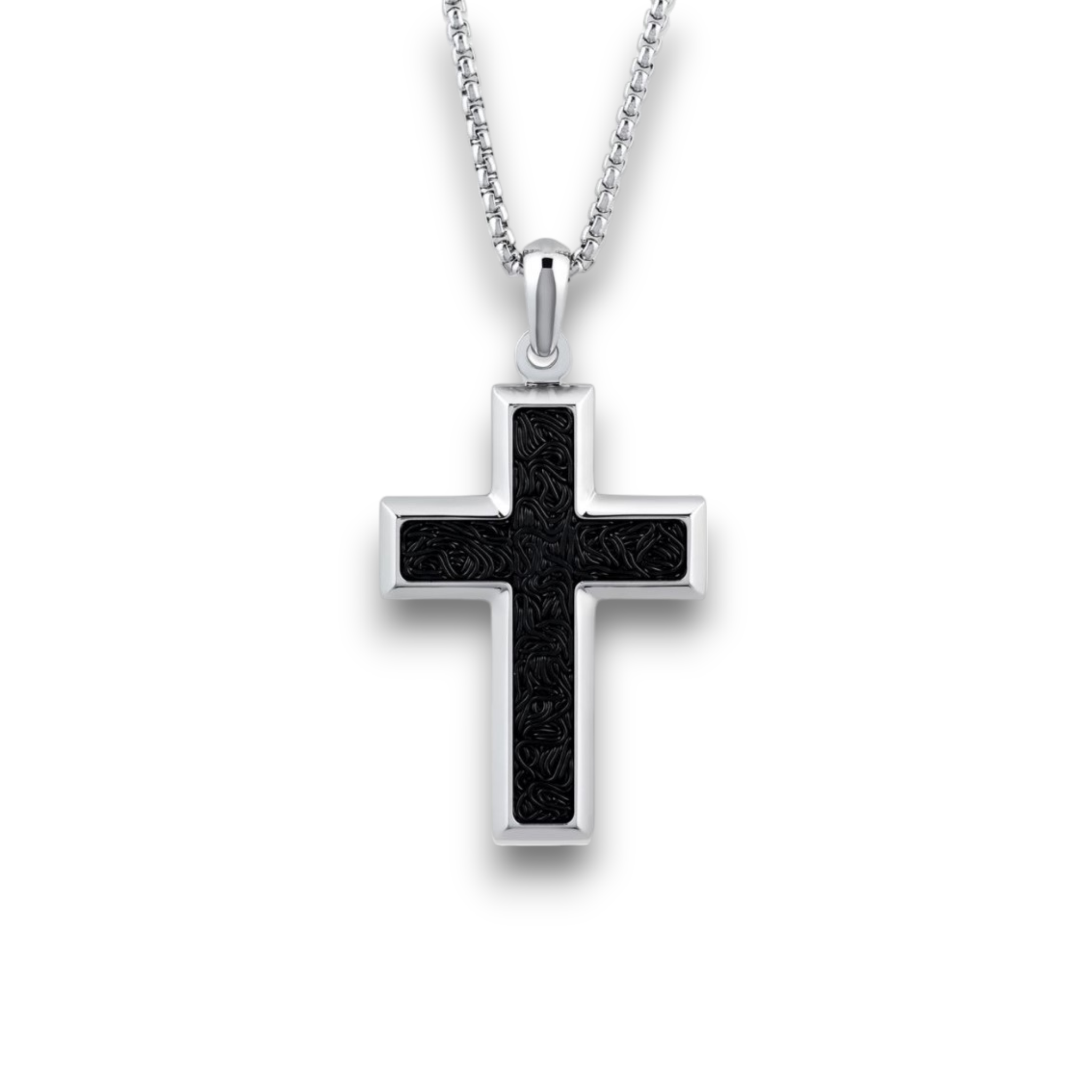 Men’s stainless steel cross pendant necklace with black inlay on a 20 inch chain on a white background