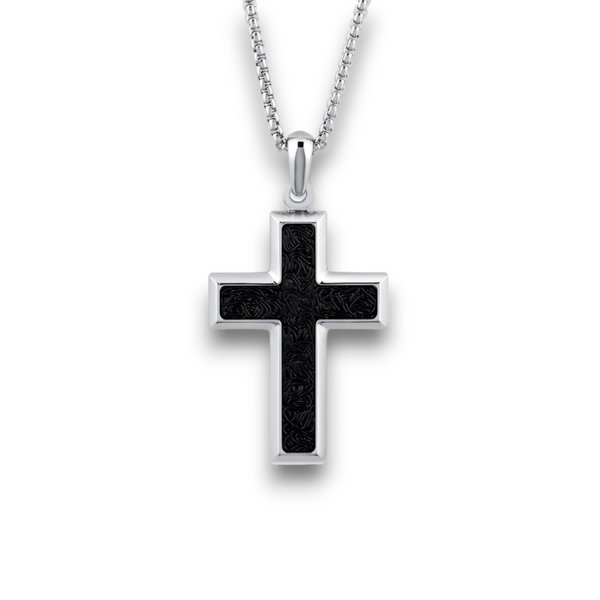Men’s stainless steel cross pendant necklace with black inlay on a 20 inch chain on a white background