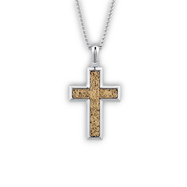 Men’s stainless steel cross pendant necklace with gold tone inlay on a 20 inch chain on a white background