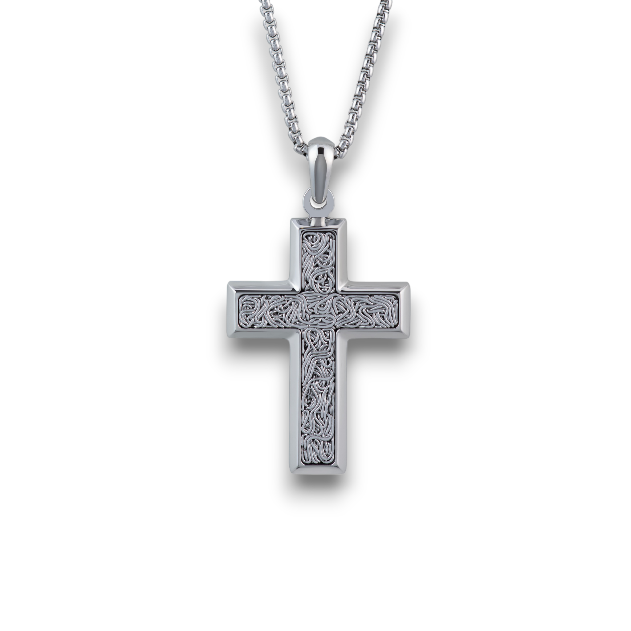 Stainless steel cross pendant necklace with textured inlay detail on a 20 inch chain on a white background
