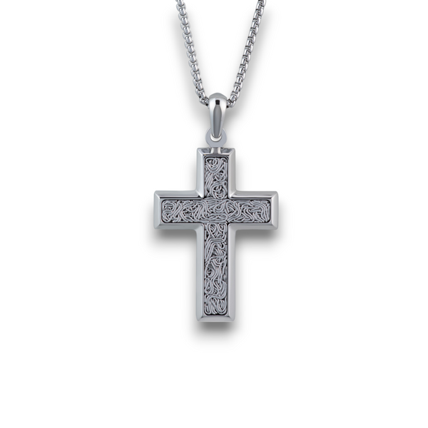 Stainless steel cross pendant necklace with textured inlay detail on a 20 inch chain on a white background