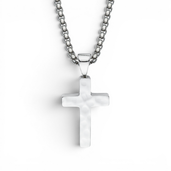 Stainless steel cross pendant with hammered texture on adjustable chain white background