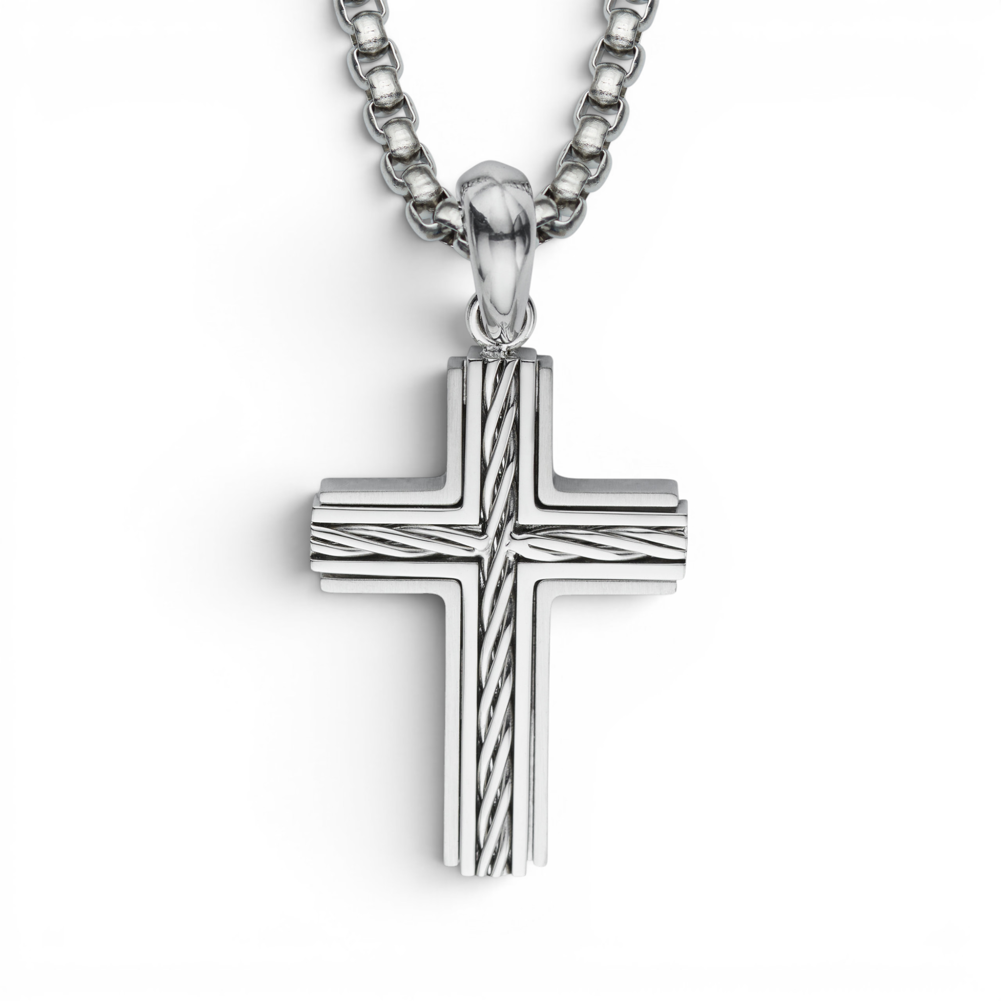Stainless steel cross pendant with twisted wire centre detail on 20 inch chain white background
