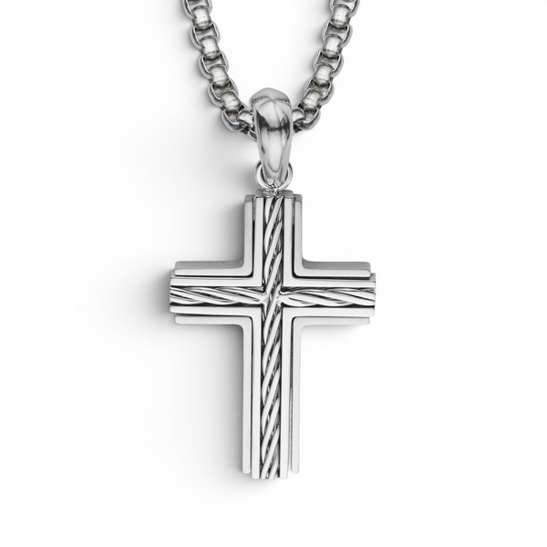Stainless steel cross pendant with twisted wire centre detail on 20 inch chain white background