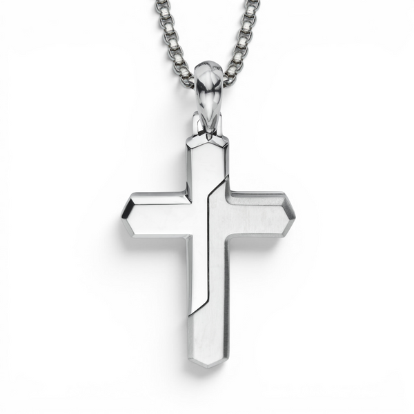 Stainless steel cross pendant with polished and matte two tone finish on 20 inch chain white background