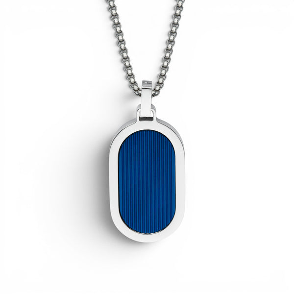Stainless steel dog tag pendant with blue textured inlay on adjustable chain white background