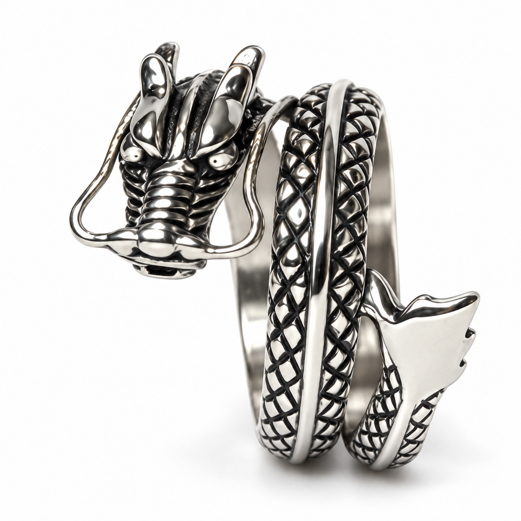 Stainless steel dragon wrap ring with detailed scales and sculpted dragon head