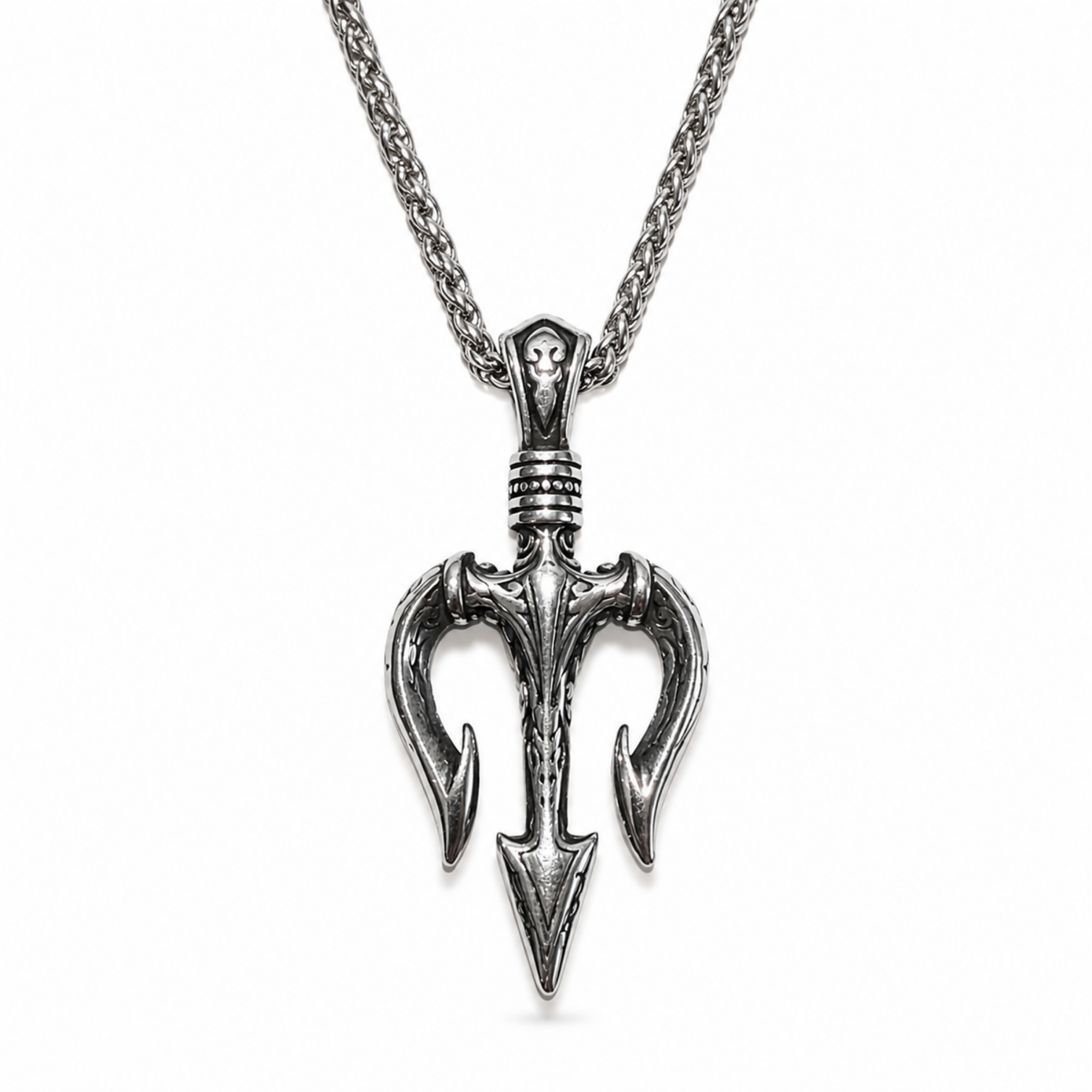 Stainless steel gothic trident pendant with 24 inch wheat chain
