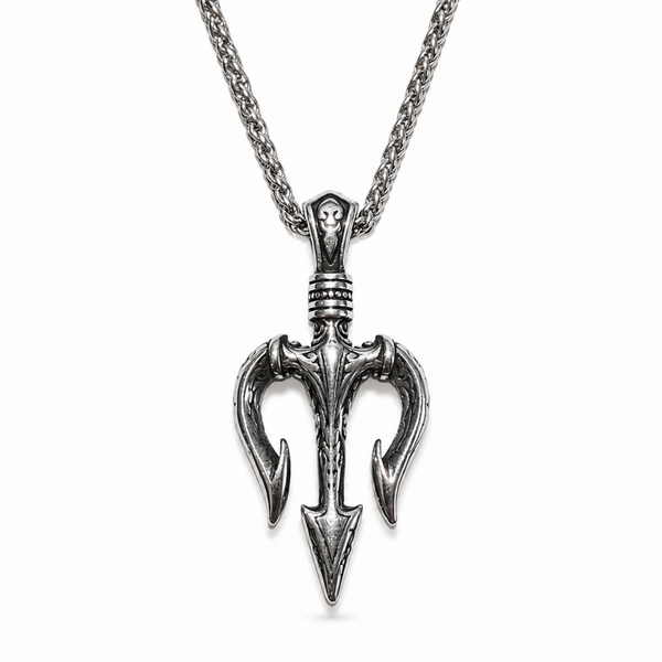 Stainless steel gothic trident pendant with 24 inch wheat chain