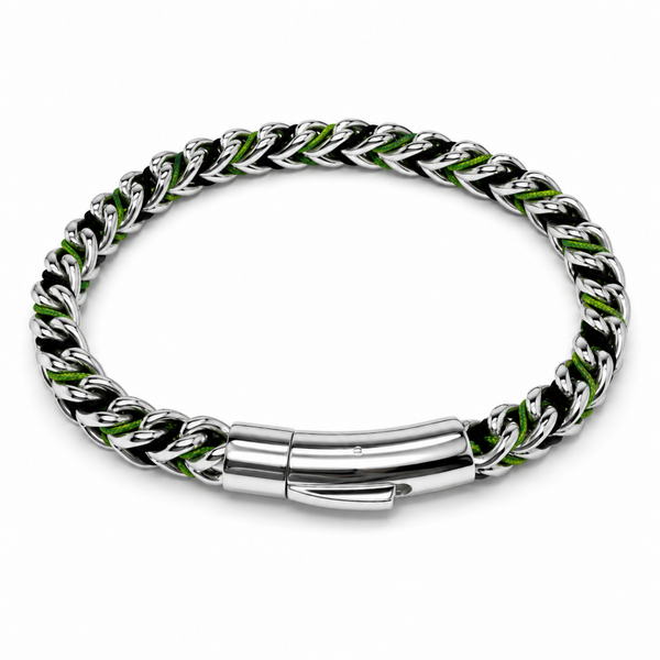 Stainless steel chain bracelet with green and black woven cord and a secure magnetic slide clasp on a white background.