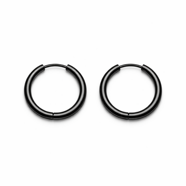 14mm stainless steel hinged hoop earrings pair in gloss black on white background