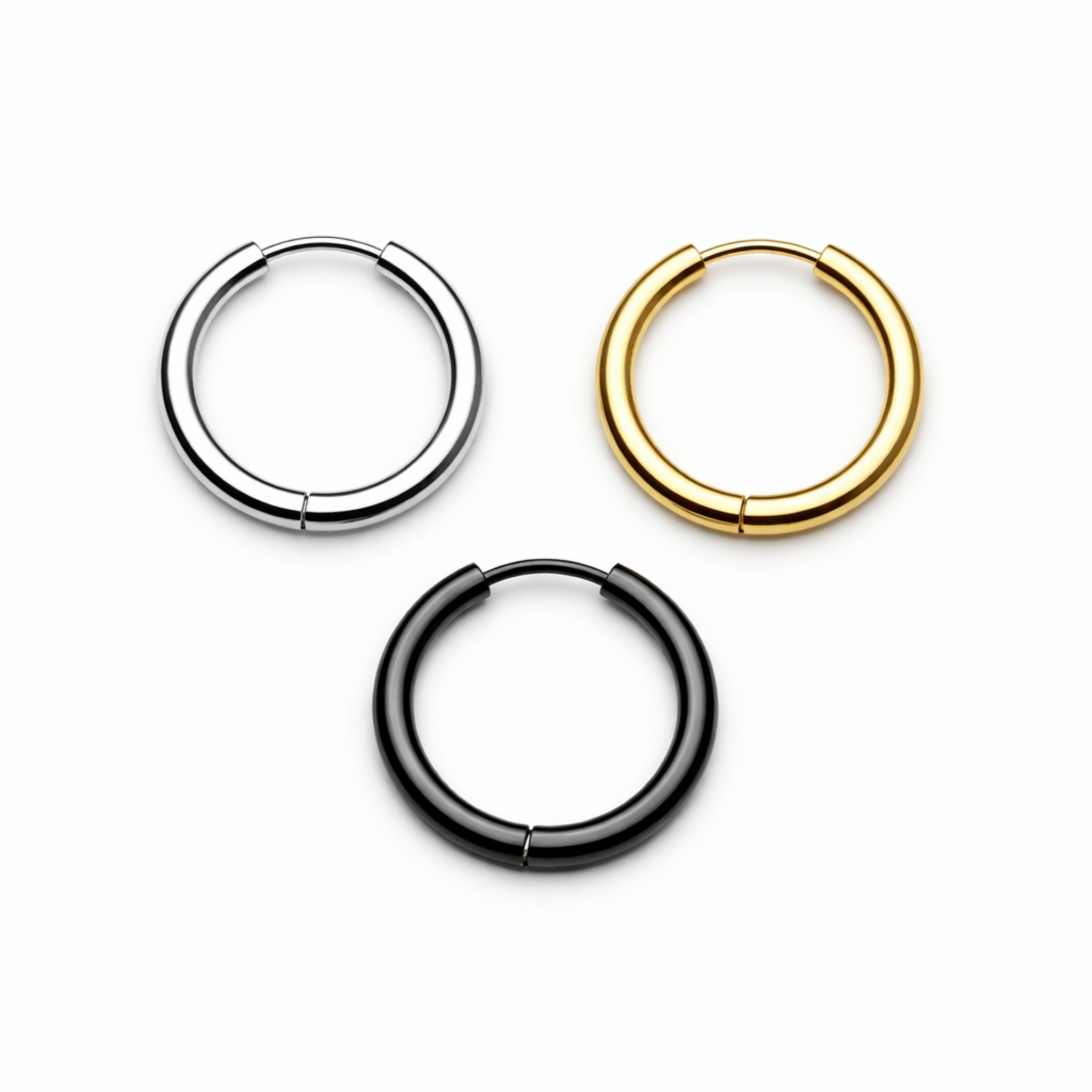 14mm stainless steel hinged hoop earrings shown in silver gold and black finishes on white background