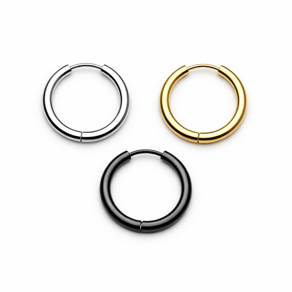 14mm stainless steel hinged hoop earrings shown in silver gold and black finishes on white background