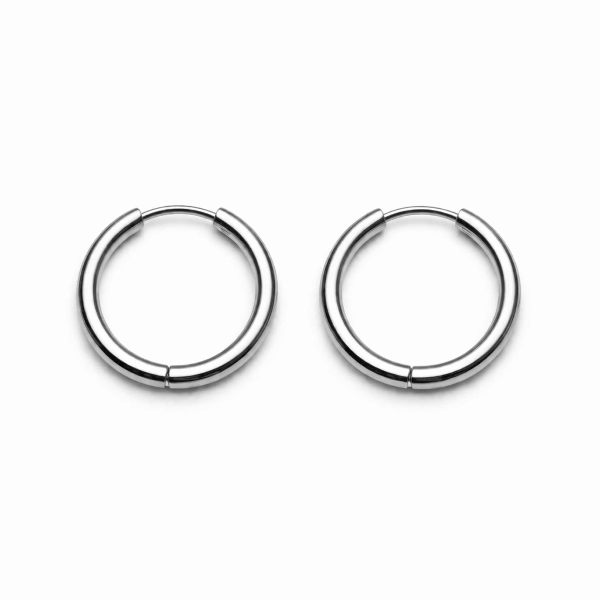 14mm stainless steel hinged hoop earrings pair in silver on white background