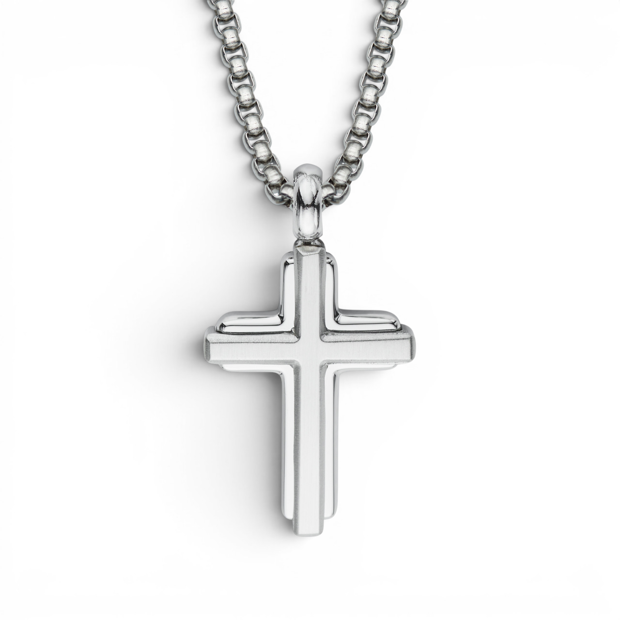 Stainless steel matte cross pendant necklace with polished edges on chain