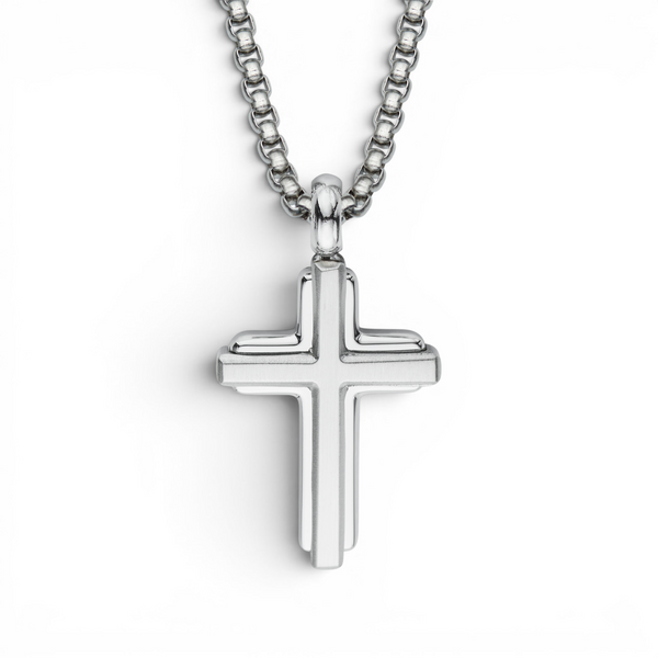 Stainless steel matte cross pendant necklace with polished edges on chain