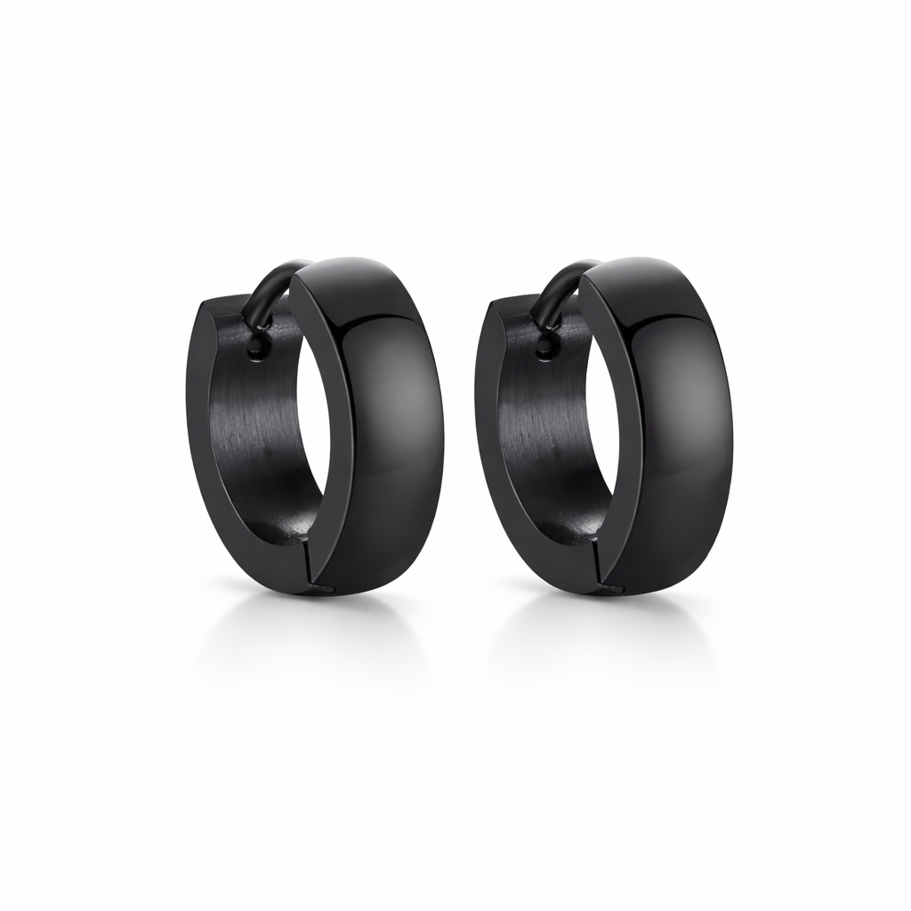 Pair of black stainless steel huggie hoop earrings, 12.5 mm outer diameter
