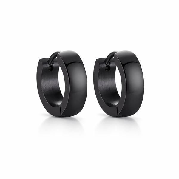 Pair of black stainless steel huggie hoop earrings, 12.5 mm outer diameter