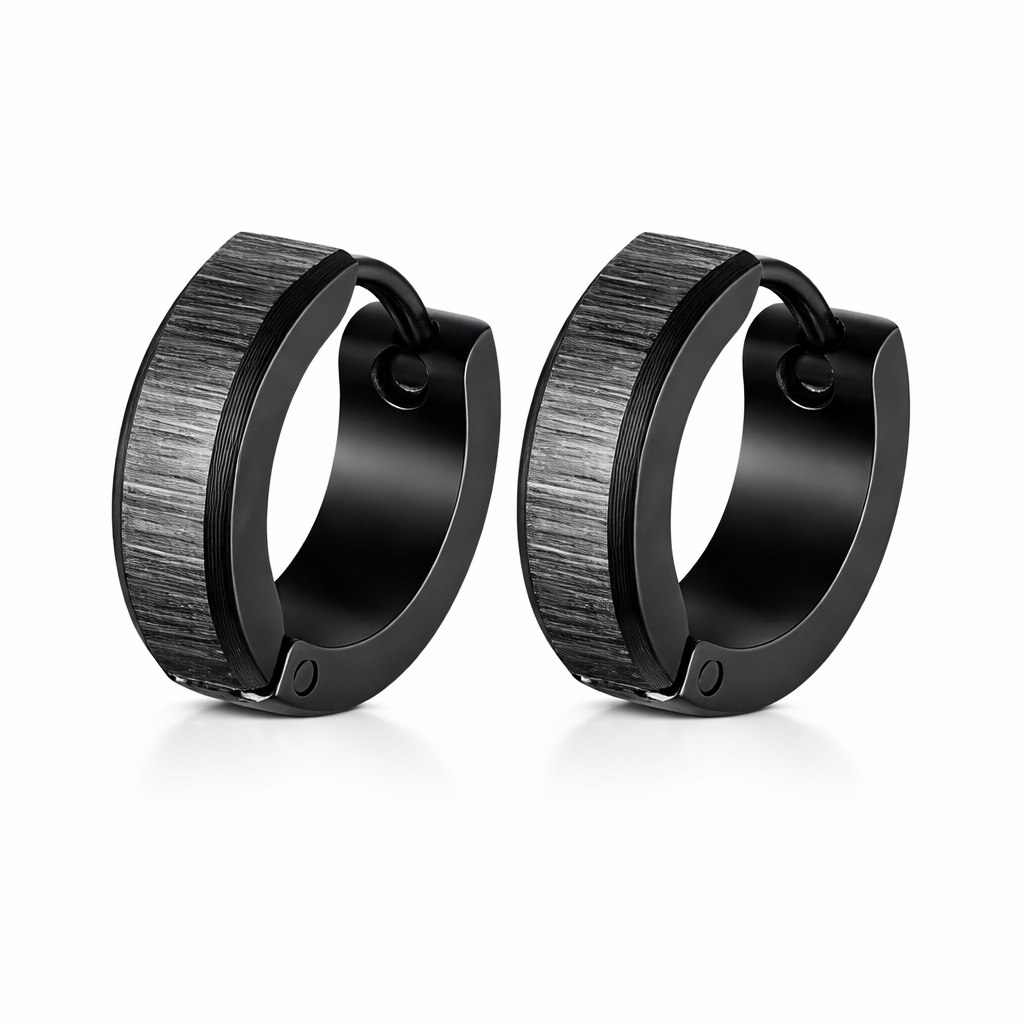 Pair of brushed black stainless steel huggie hoop earrings, 13 mm outer diameter