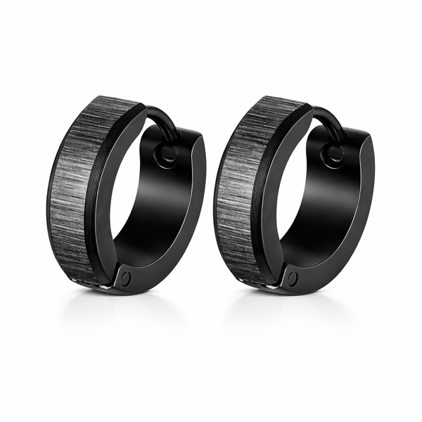Pair of brushed black stainless steel huggie hoop earrings, 13 mm outer diameter
