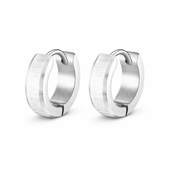 Pair of polished stainless steel huggie hoop earrings, silver finish, 12.5 mm outer diameter