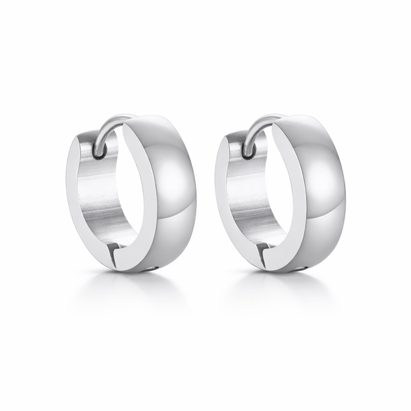 Brushed stainless steel huggie hoop earrings, silver finish, 13 mm outer diameter