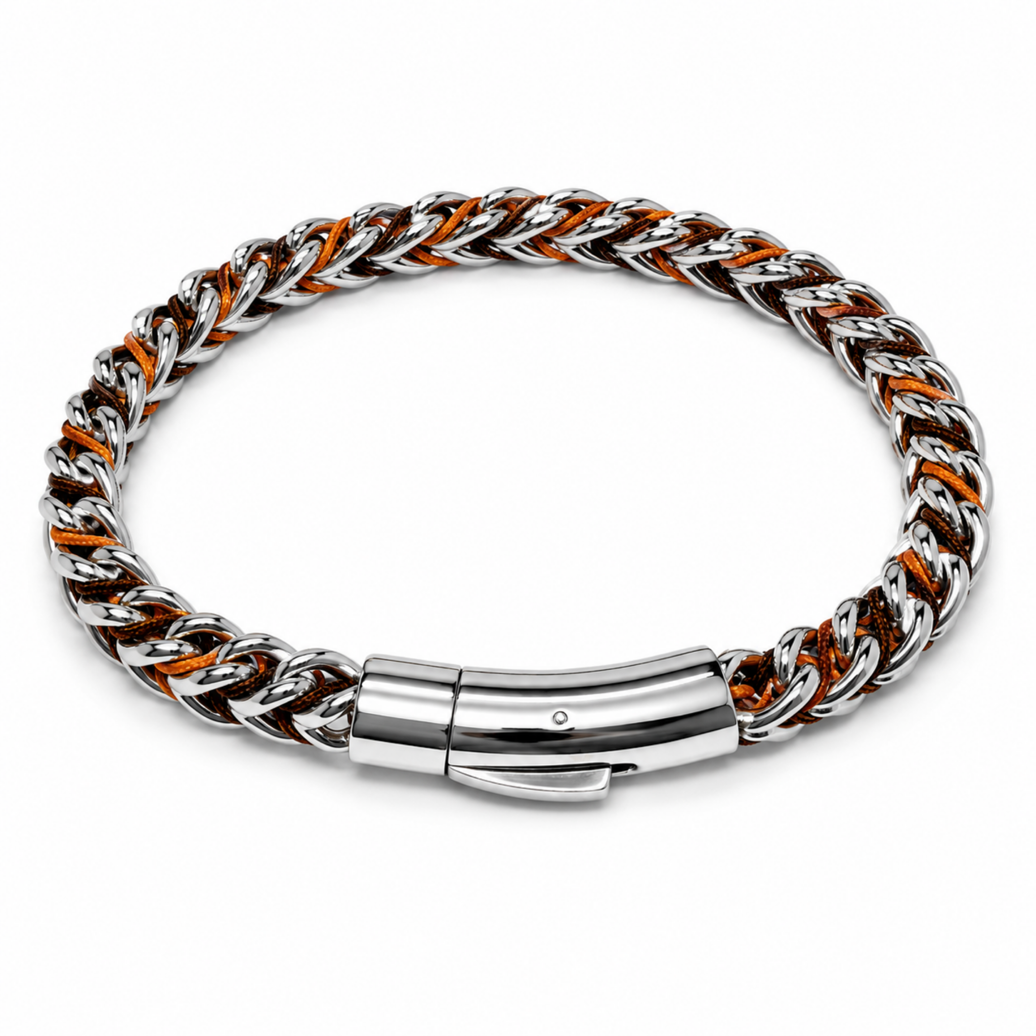 Stainless steel chain bracelet with orange and brown woven cord and a secure magnetic slide clasp on a white background.