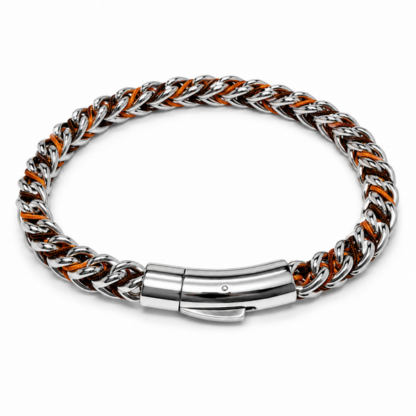 Stainless steel chain bracelet with orange and brown woven cord and a secure magnetic slide clasp on a white background.