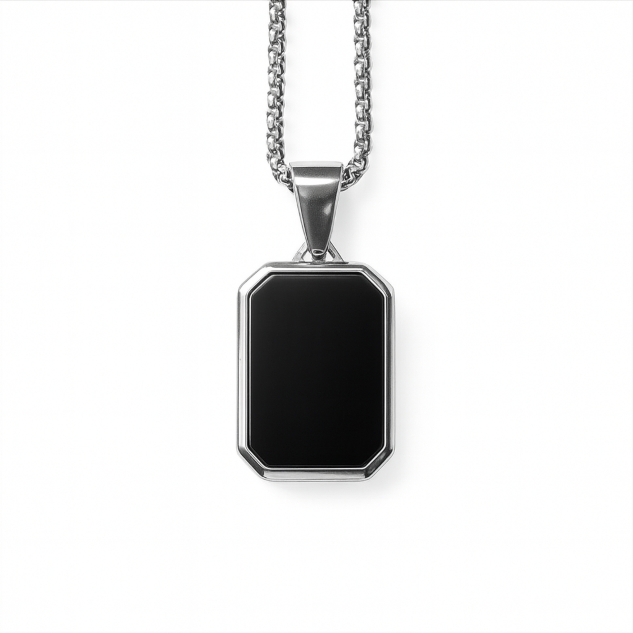 Stainless steel pendant with black agate stone inlay on 20 inch box chain white background