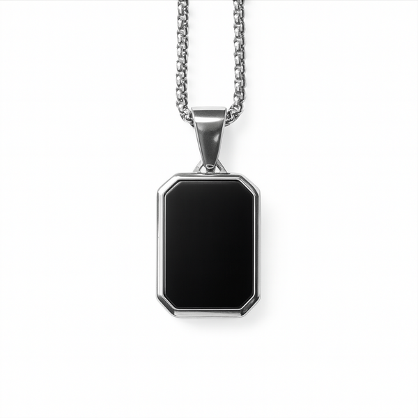Stainless steel pendant with black agate stone inlay on 20 inch box chain white background