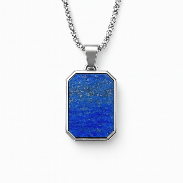 Stainless steel pendant with lapis lazuli stone inlay on 20 inch box chain white background