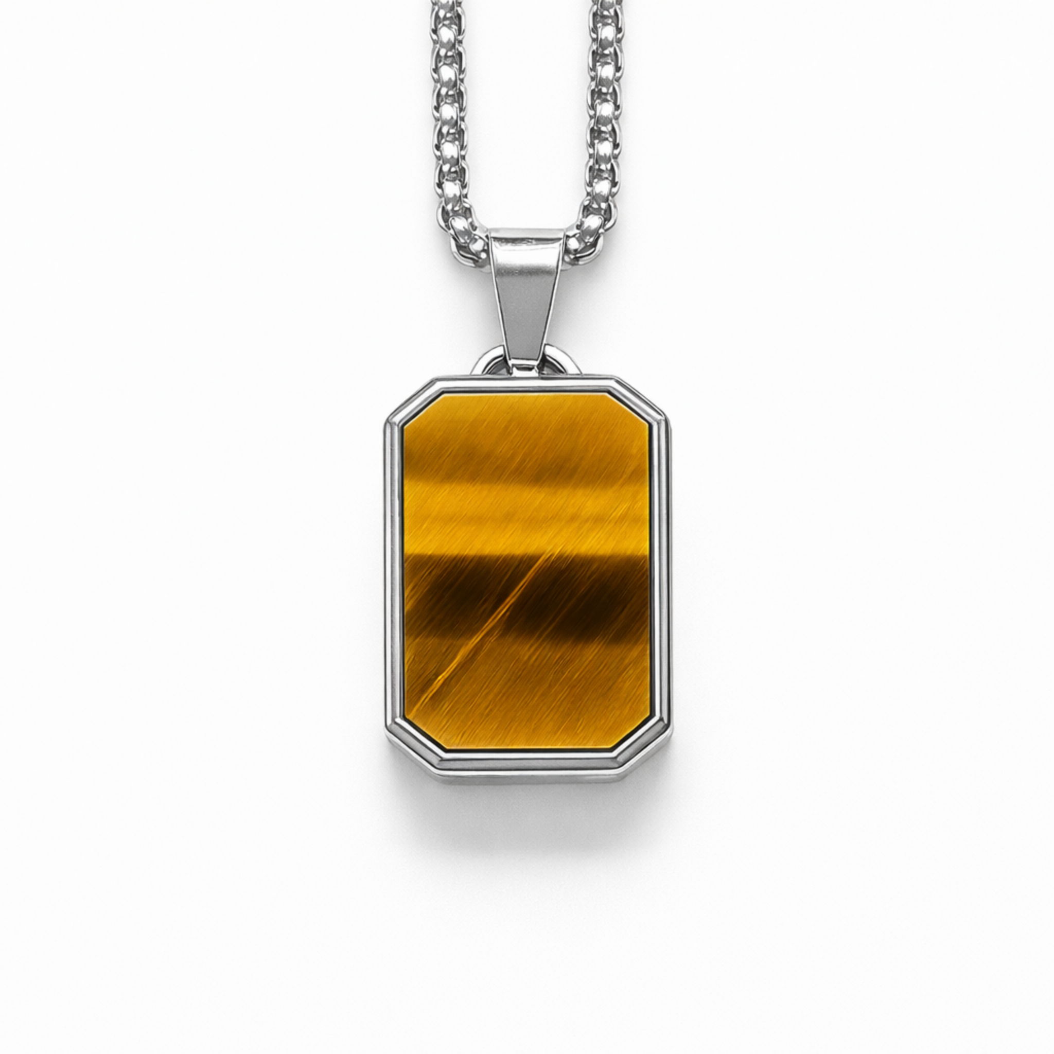 Stainless steel pendant with tiger eye stone inlay on 20 inch box chain white background