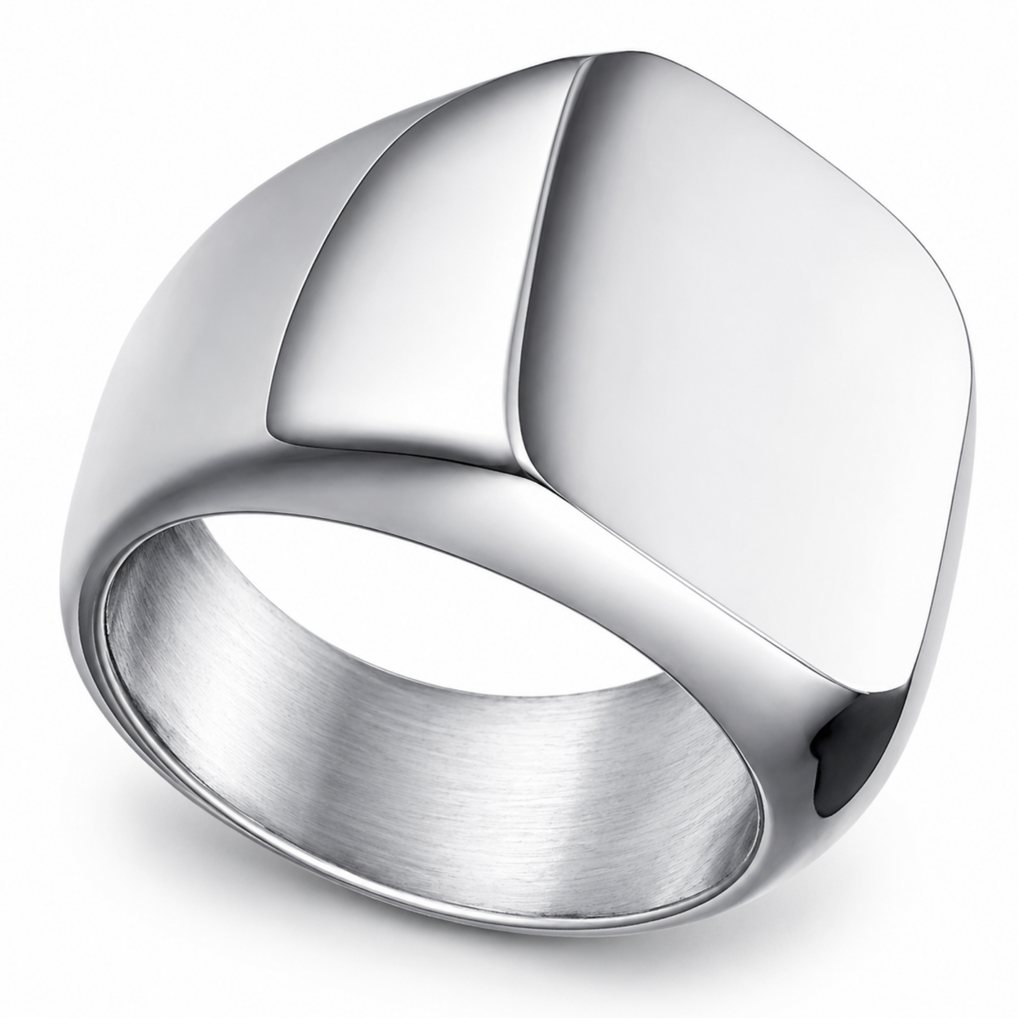 Polished stainless steel signet ring with a smooth 17mm x 14mm face on a white background.