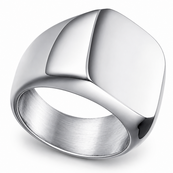 Polished stainless steel signet ring with a smooth 17mm x 14mm face on a white background.