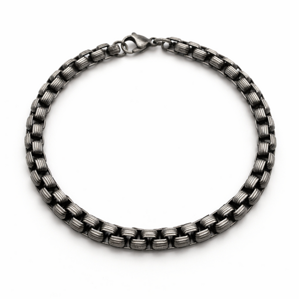 Stainless steel rounded box chain bracelet with smooth interlocking links and vintage finish