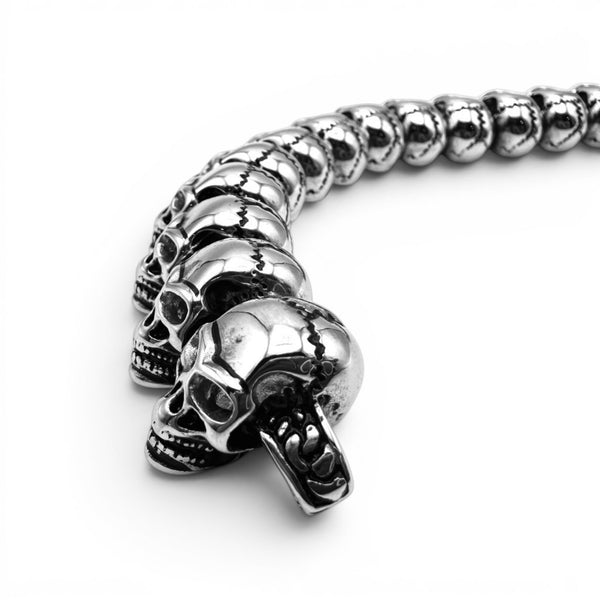 Close up of stainless steel skull bracelet fold clasp