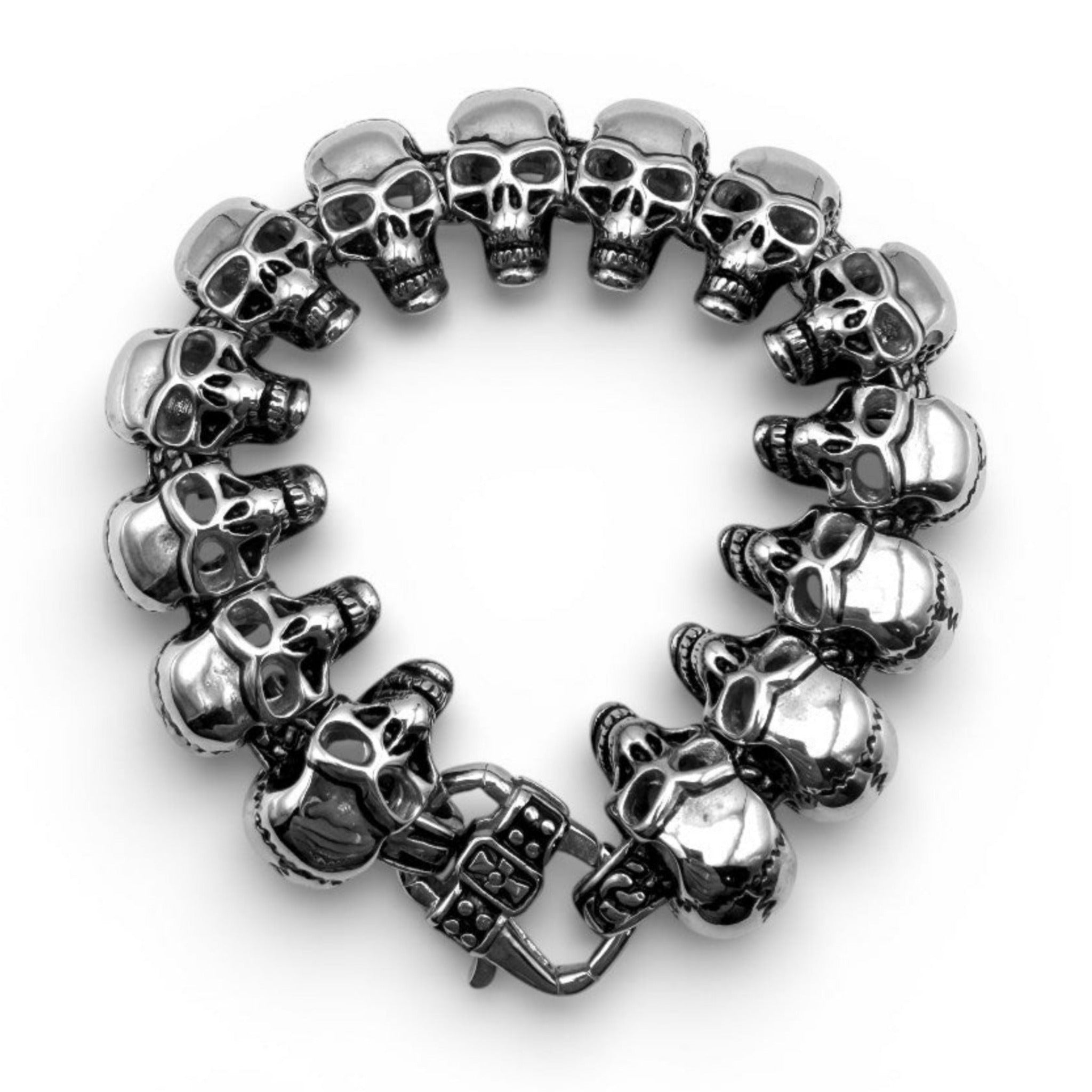 Full view of stainless steel skull bracelet showing detailed skull links