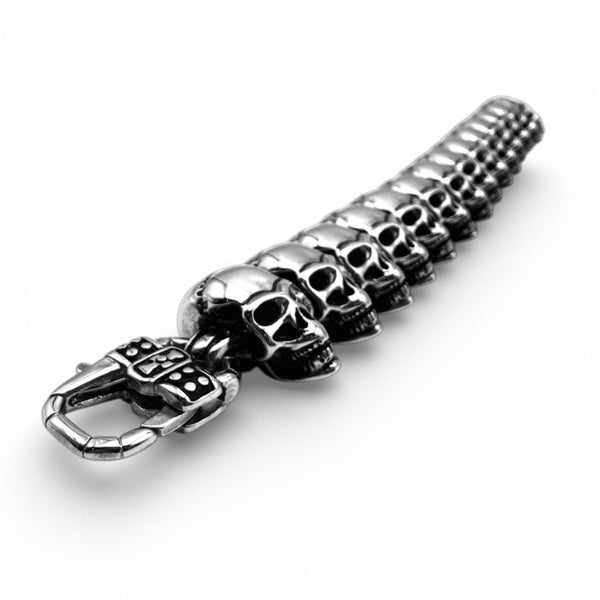 Side profile of stainless steel skull bracelet showing skull link detail